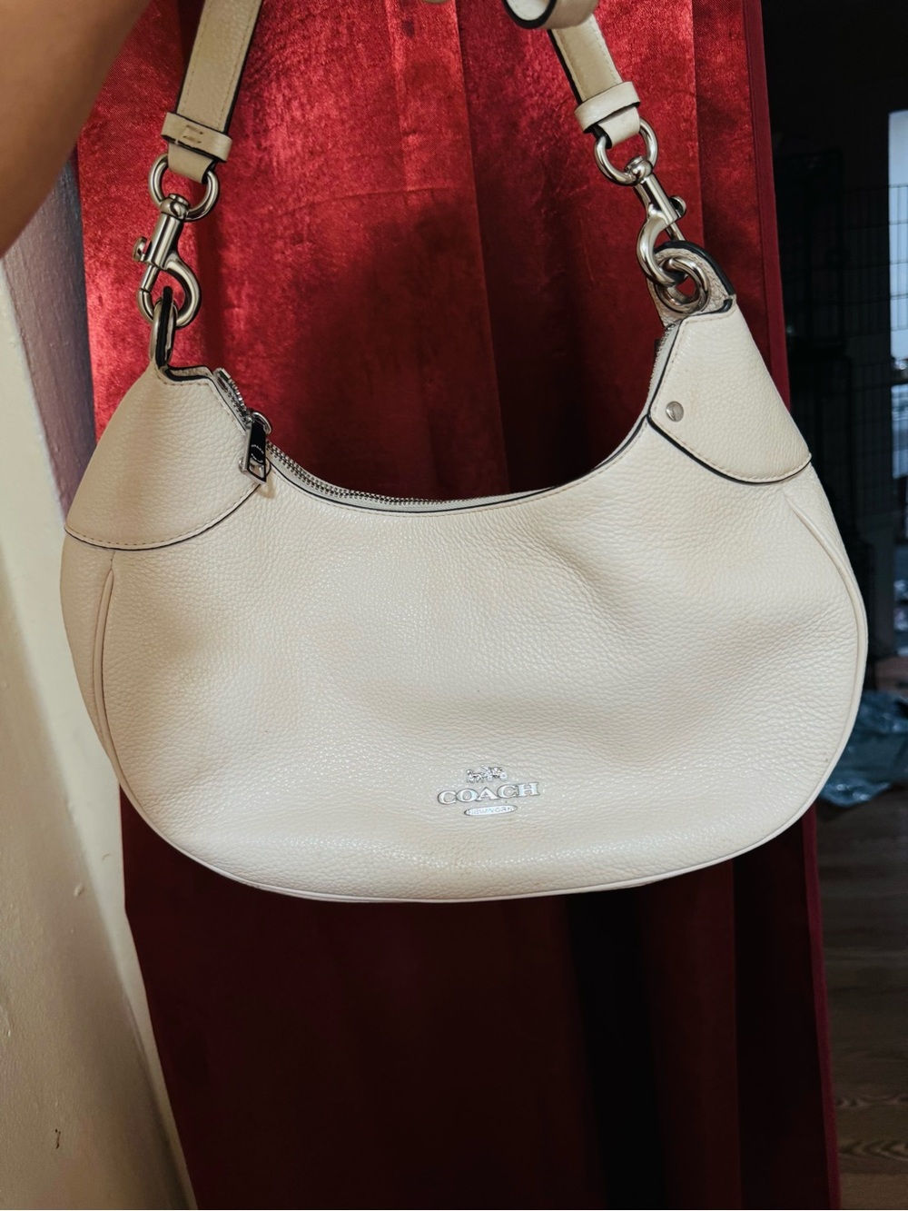 Coach Cream Pebbled Leather Shoulder Bag with Silver Hardware